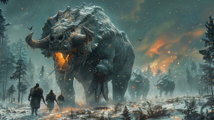 Majestic giant creatures roam a snowy forest, with adventurers approaching amidst a fiery backdrop