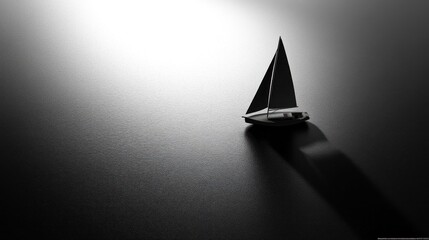 Small sailboat model on dark surface, lit from above, casting a shadow.