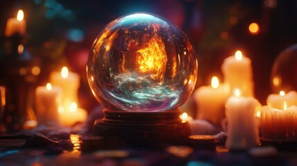 Crystal ball glowing with warm, swirling light surrounded by lit candles on a dimly lit surface. Mystical and magical atmosphere with soft, warm lighting and reflections. Generative AI