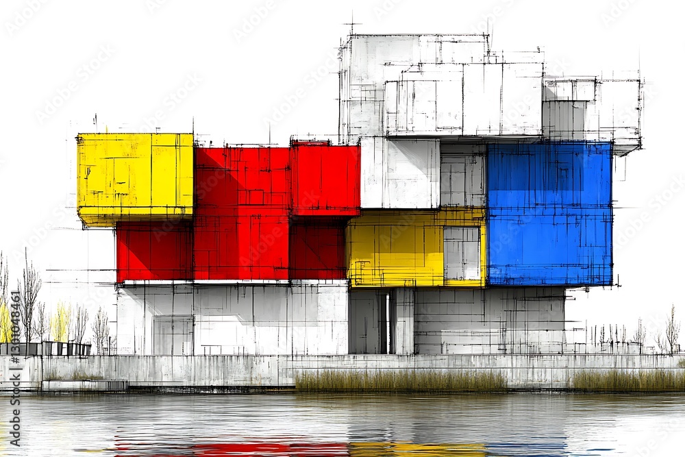 Poster architectural sketch of cubist style building with vibrant color blocks