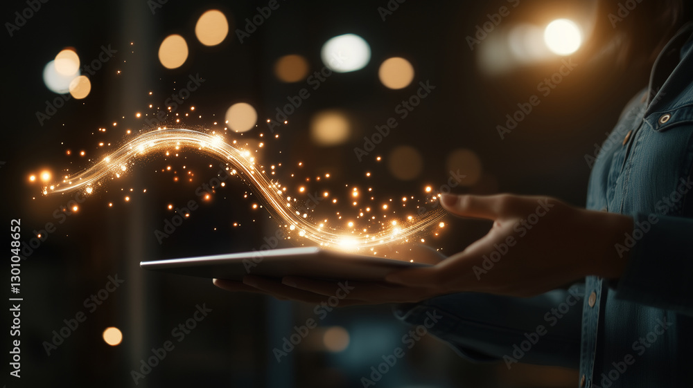 Poster person holding tablet with glowing digital effects, symbolizing technology and innovation. scene is 