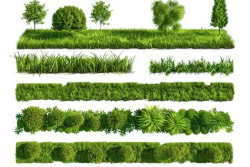 High Detail Image of Set of Green Lawns Cut Out on White Background