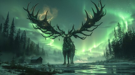 Majestic moose with glowing antlers stands by a serene lake under a vibrant aurora borealis