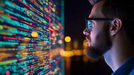 man with glasses gazes at colorful digital code display, reflecting technology and innovation in modern cityscape. scene conveys sense of curiosity and exploration