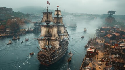 Majestic pirate ship sailing through a foggy harbor, surrounded by quaint village and distant ships