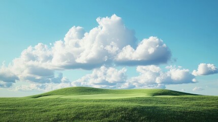 Fototapeta premium Bright blue sky with white clouds over green grass fields