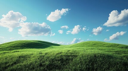 Obraz premium Rolling green hills beneath a clear blue sky with fluffy white clouds