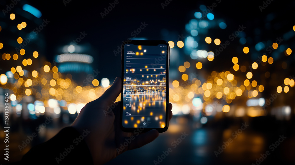 Aufkleber hand holding smartphone displaying glowing screen with cityscape background filled with bokeh lights
