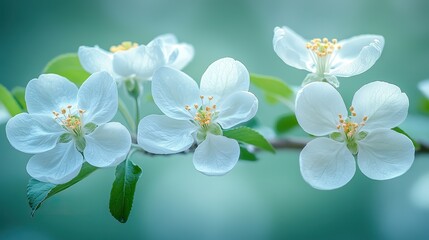 Soft focus close-up of a flowering apple tree branch with white blossoms against a blurred green background.