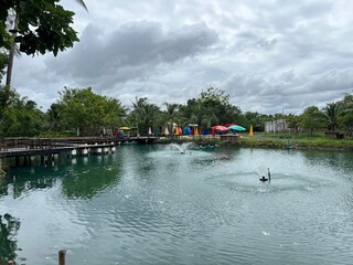 A serene landscape featuring a tranquil pond surrounded by greenery, with colorful umbrellas in the background under a cloudy sky.