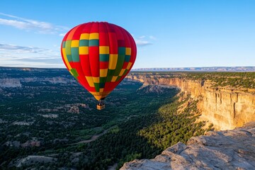 Obraz premium A hot air balloon floating over a canyon at sunrise, offering a breathtaking view