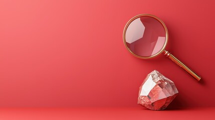 Magnifying Glass and Crystal on Vibrant Red Background