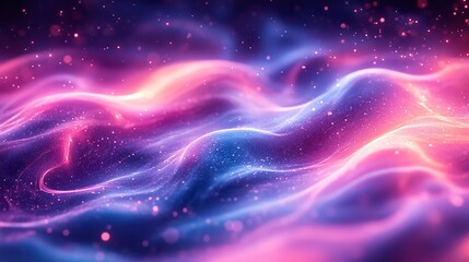 Soft focus holographic background in bright neon blue, purple, and pink creates a vibrant, futuristic aesthetic.