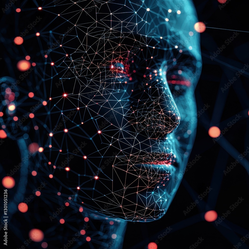 Poster a digital representation of a human-like face composed of geometric lines and dots, embodying concep