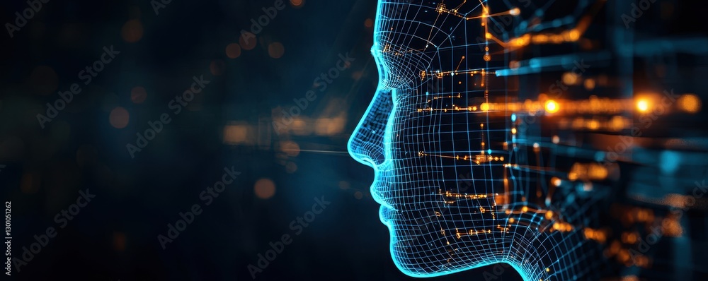 Poster a digital representation of a human profile, composed of glowing lines and circuits, symbolizing art