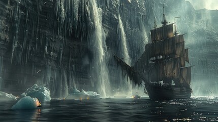 Majestic ship navigating through icy waters with towering waterfalls and floating icebergs in the background