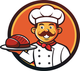 Cartoon chef holding a grilled steak, perfect for restaurant logos or food-related projects.