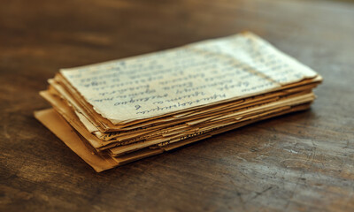 A stack of paper handwritten letters on the table.Old letters from the war.Archival papers and...