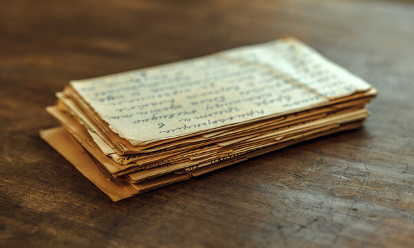 A stack of paper handwritten letters on the table.Old letters from the war.Archival papers and documents.