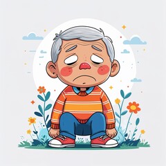 Naklejka premium elderly Hispanic boy sad plain with shoes white background cute small full body colorful cartoon illustration