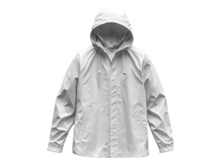 Lightweight white rain jacket with hood, perfect for outdoor activities