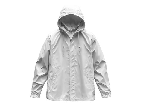 Lightweight white rain jacket with hood, perfect for outdoor activities