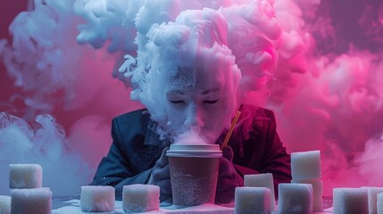 Person with frosty hair and vapor rising from a coffee cup, surrounded by ice cubes in a colorful fog