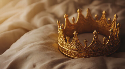 Golden crown resting on soft fabric, symbolizing royalty and elegance. Quality is King