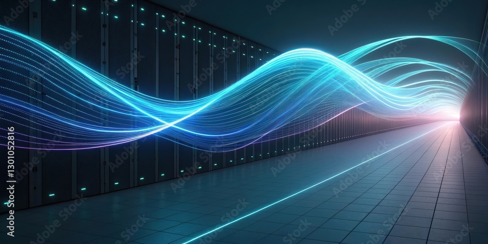 Poster server room and data flow visualization, abstract graphic with light