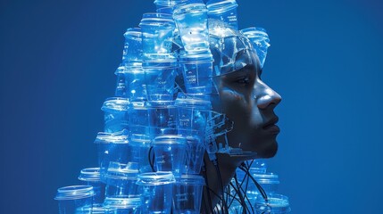 Profile of a person adorned with transparent cups and blue lights against a blue backdrop, symbolizing creativity and modern art