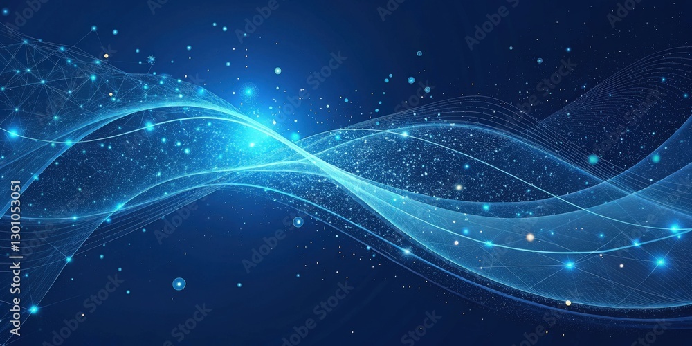 Poster abstract blue background with flowing lines and glowing particles, representing technology and innov