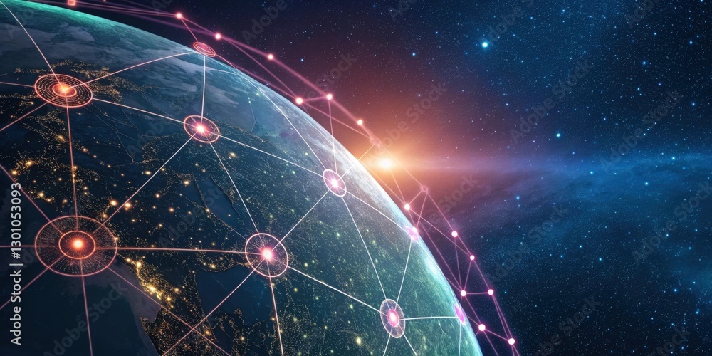 Poster global network connection with glowing dots and lines overlaying the earth. a futuristic and connect