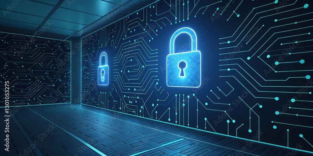 Poster digital security concept with glowing padlock icons and circuit board patterns, representing data pr