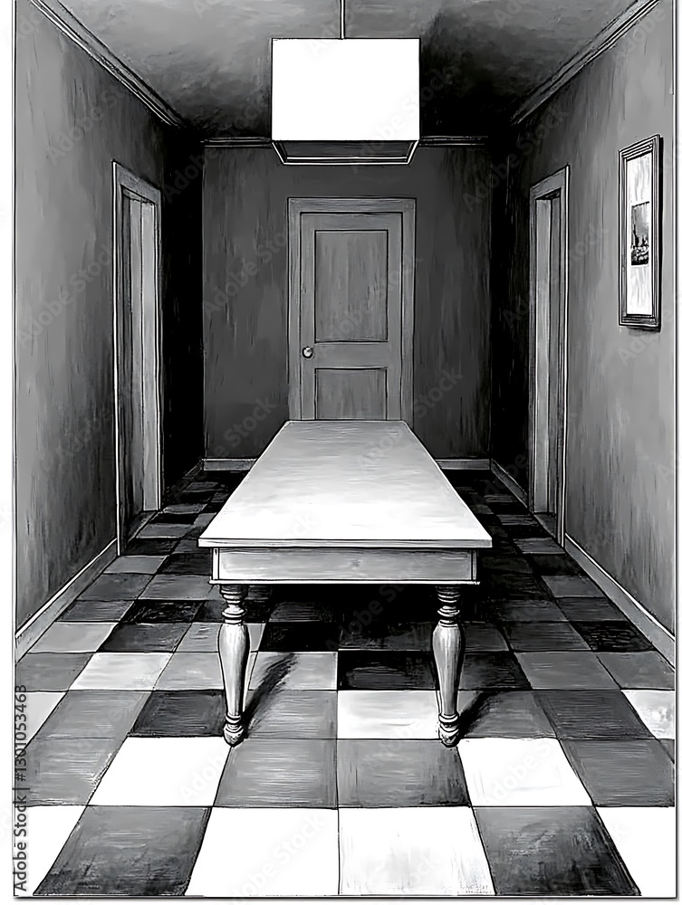 Poster ethereal monochrome hallway with table and checkered floor pattern