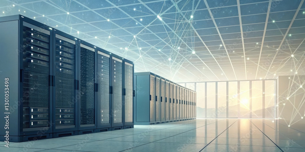Poster data servers in a modern data center with network connections. the servers are lined up in rows, wit