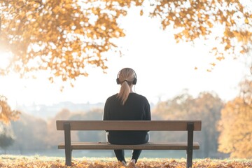 Fototapeta premium woman sits alone on park bench headphones on lost in symphony autumn leaves gently rustle around her