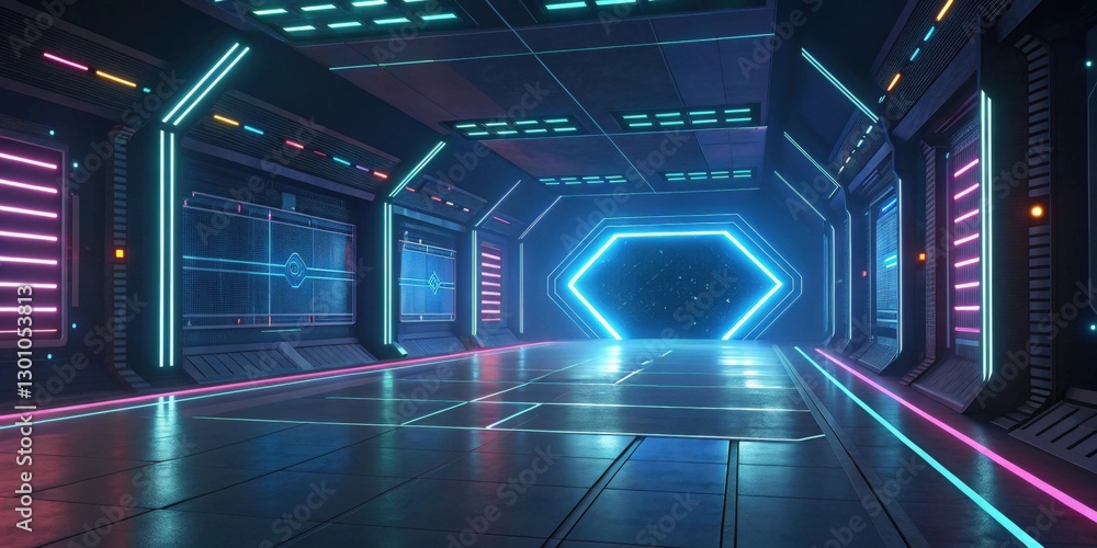 Poster a futuristic corridor illuminated with neon lights and a hexagonal portal