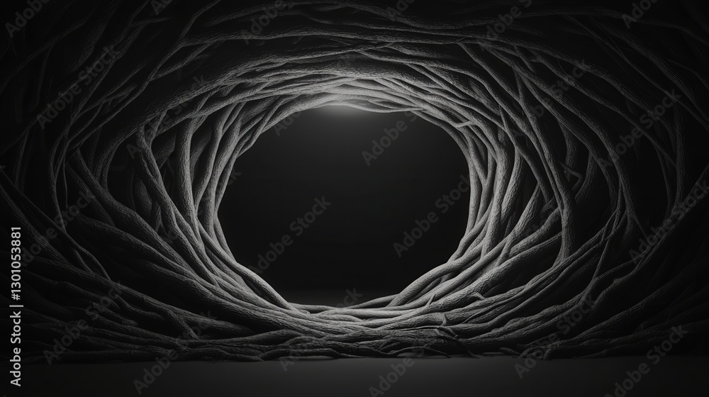 Poster abstract tunnel of intertwined fibers illuminated from within.