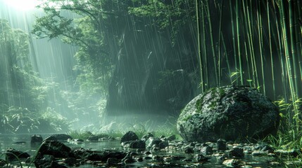 Serene bamboo forest with a tranquil stream, sunlight filtering through dense foliage, rocks scattered