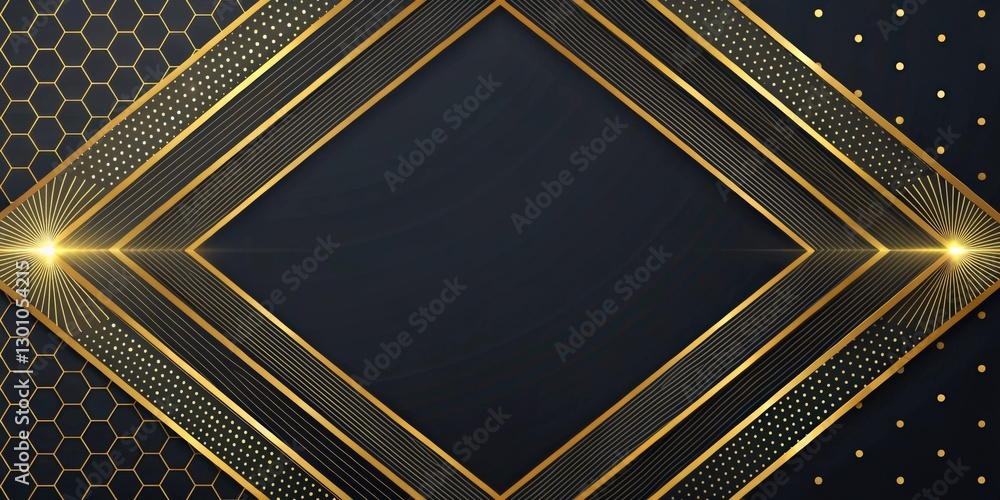 Poster gold geometric abstract background with a black and gold diamond frame pattern and a sparkling, luxu