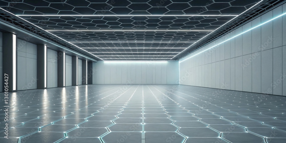 Poster a futuristic and minimalist interior design of a large modern room, with a hexagonal grid pattern fl