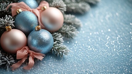 Sophisticated seasonal surprises with glittering ornaments in baby blue and ribbons in soft pink. This top view is set against a pastel blue backdrop with frosty fir twigs.