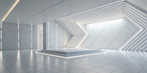 Obraz premium a modern, futuristic interior with a stage, a podium, or an exhibit space with clean lines and a minimalist aesthetic. The overall design is sleek and sophisticated.