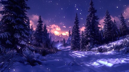 Serene winter landscape at dusk with snow-covered trees and a winding path leading to distant mountains