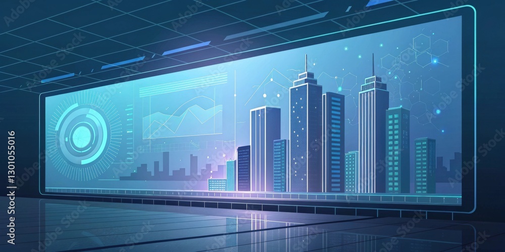 Poster an illustration of futuristic smart city with data display and digital interface