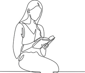 Women reading book continuous line drawing. 