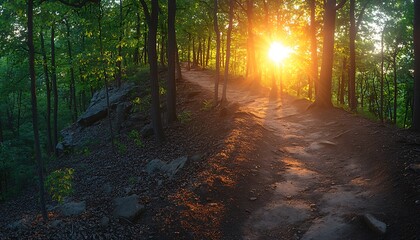 Obraz premium Forest trail at sunset, sun flares