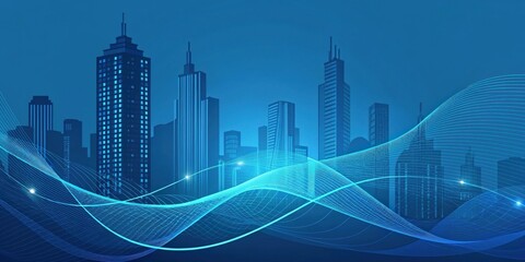 city skyline silhouette with a blue wave pattern and a digital effect. The skyline includes several skyscrapers and towers