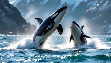 Fototapeta premium Orcas Breaching in Ocean Waters with Snowy Mountains in Background