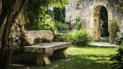 A stone bench in a garden near a stone archway